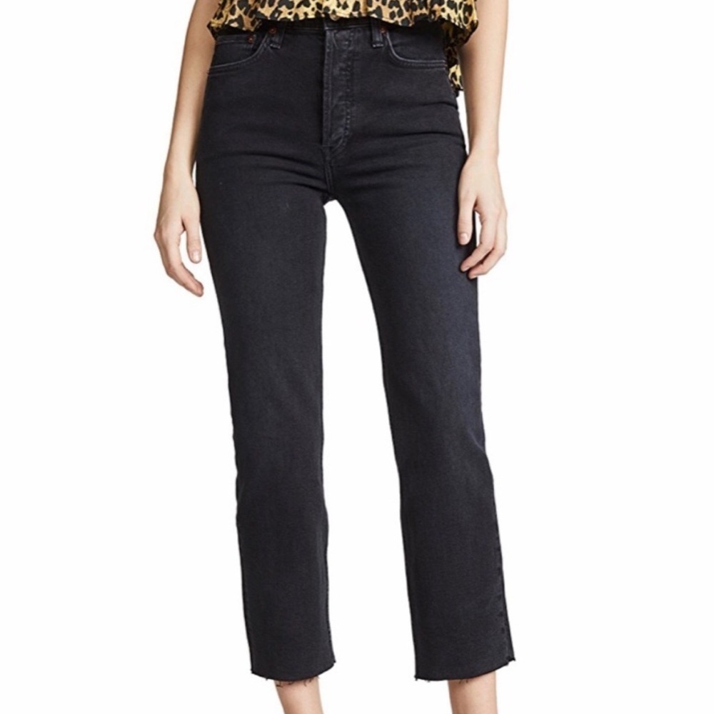 Re/Done “High Rise Stove Pipe” Black Cropped Jeans With Raw Hem Size 27 EUC